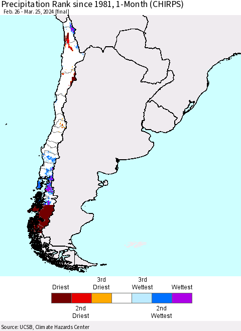 Chile Precipitation Rank since 1981, 1-Month (CHIRPS) Thematic Map For 2/26/2024 - 3/25/2024