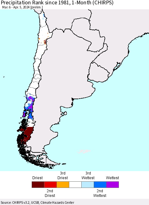 Chile Precipitation Rank since 1981, 1-Month (CHIRPS) Thematic Map For 3/6/2024 - 4/5/2024