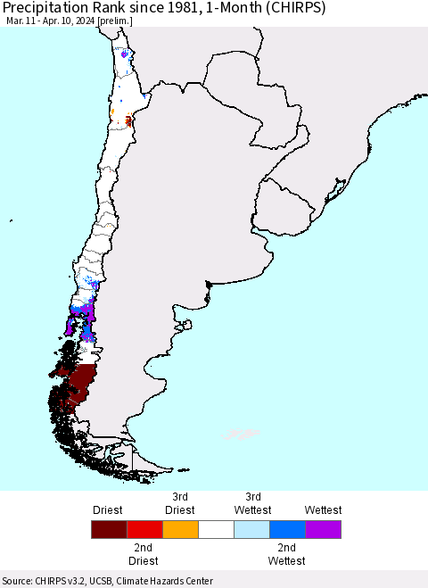 Chile Precipitation Rank since 1981, 1-Month (CHIRPS) Thematic Map For 3/11/2024 - 4/10/2024
