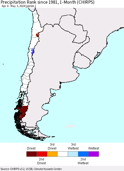 Chile Precipitation Rank since 1981, 1-Month (CHIRPS) Thematic Map For 4/6/2024 - 5/5/2024