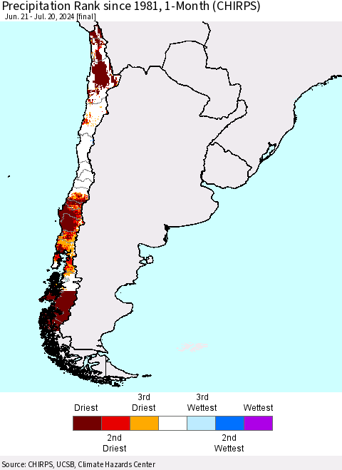 Chile Precipitation Rank since 1981, 1-Month (CHIRPS) Thematic Map For 6/21/2024 - 7/20/2024