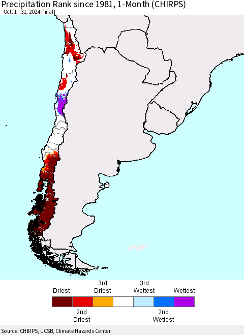 Chile Precipitation Rank since 1981, 1-Month (CHIRPS) Thematic Map For 10/1/2024 - 10/31/2024