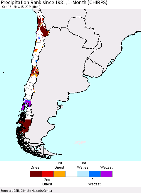 Chile Precipitation Rank since 1981, 1-Month (CHIRPS) Thematic Map For 10/16/2024 - 11/15/2024