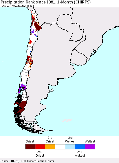Chile Precipitation Rank since 1981, 1-Month (CHIRPS) Thematic Map For 10/21/2024 - 11/20/2024