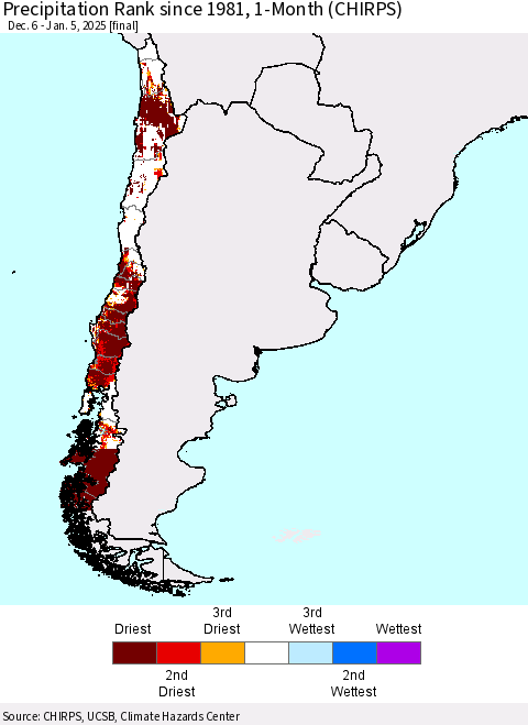 Chile Precipitation Rank since 1981, 1-Month (CHIRPS) Thematic Map For 12/6/2024 - 1/5/2025