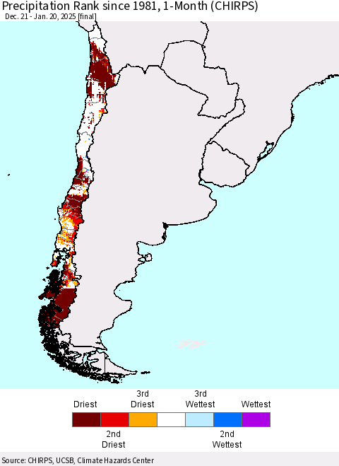 Chile Precipitation Rank since 1981, 1-Month (CHIRPS) Thematic Map For 12/21/2024 - 1/20/2025