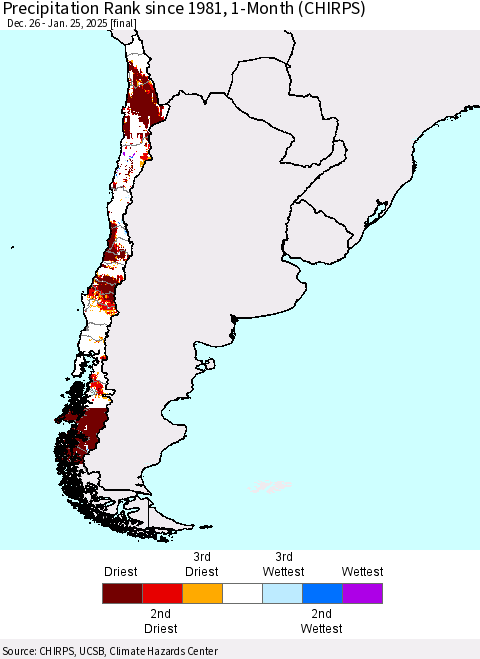 Chile Precipitation Rank since 1981, 1-Month (CHIRPS) Thematic Map For 12/26/2024 - 1/25/2025