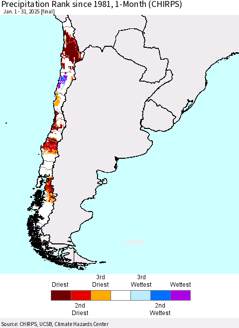 Chile Precipitation Rank since 1981, 1-Month (CHIRPS) Thematic Map For 1/1/2025 - 1/31/2025