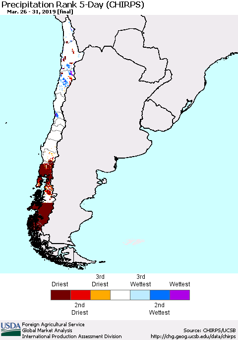 Chile Precipitation Rank since 1981, 5-Day (CHIRPS) Thematic Map For 3/26/2019 - 3/31/2019