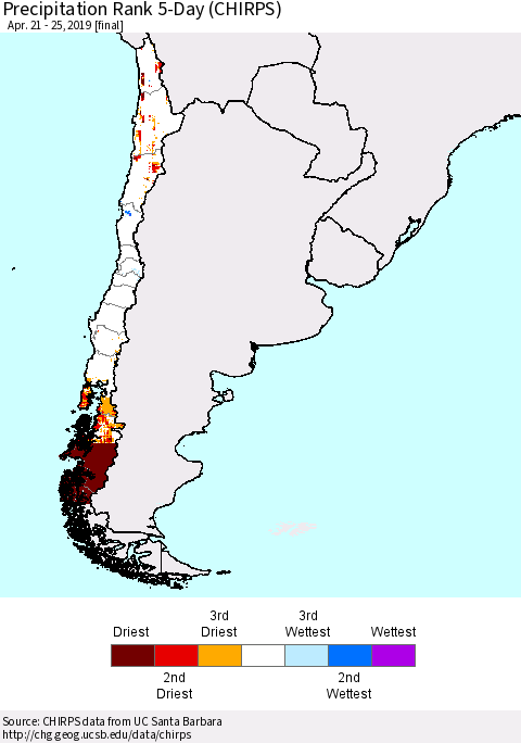 Chile Precipitation Rank since 1981, 5-Day (CHIRPS) Thematic Map For 4/21/2019 - 4/25/2019