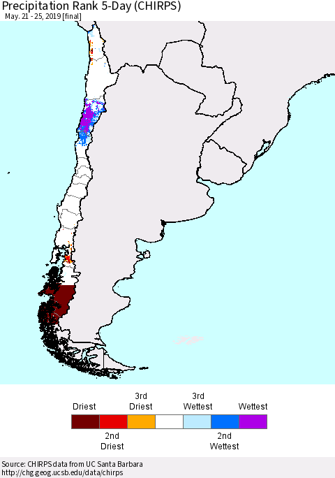 Chile Precipitation Rank since 1981, 5-Day (CHIRPS) Thematic Map For 5/21/2019 - 5/25/2019