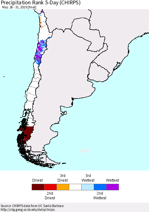 Chile Precipitation Rank since 1981, 5-Day (CHIRPS) Thematic Map For 5/26/2019 - 5/31/2019
