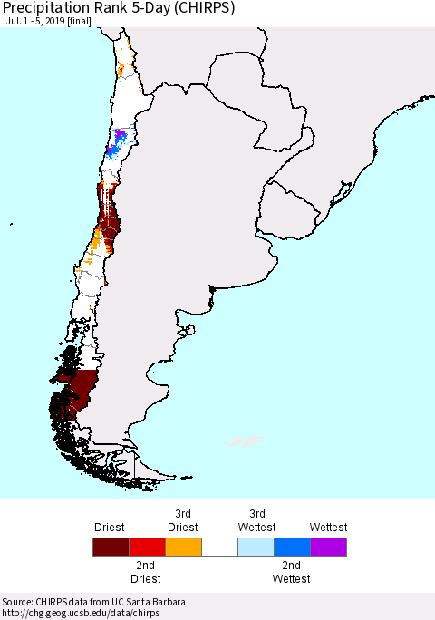 Chile Precipitation Rank 5-Day (CHIRPS) Thematic Map For 7/1/2019 - 7/5/2019