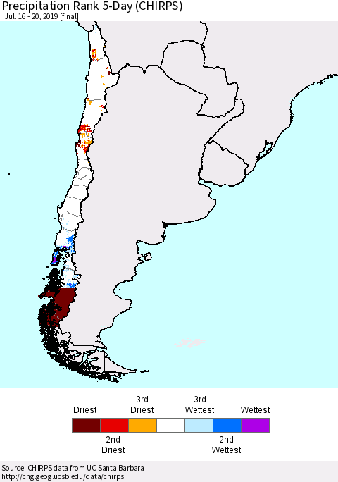 Chile Precipitation Rank 5-Day (CHIRPS) Thematic Map For 7/16/2019 - 7/20/2019