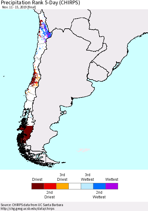 Chile Precipitation Rank 5-Day (CHIRPS) Thematic Map For 11/11/2019 - 11/15/2019