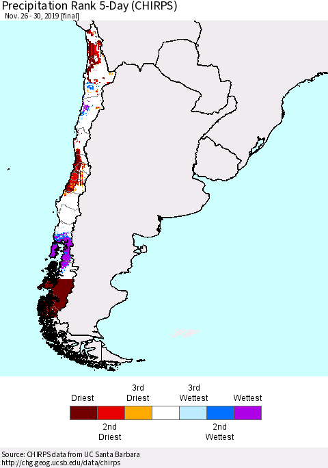 Chile Precipitation Rank since 1981, 5-Day (CHIRPS) Thematic Map For 11/26/2019 - 11/30/2019