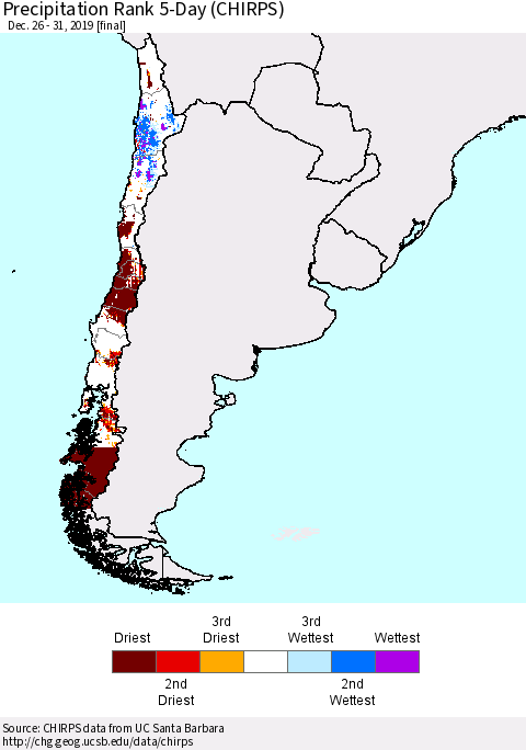 Chile Precipitation Rank since 1981, 5-Day (CHIRPS) Thematic Map For 12/26/2019 - 12/31/2019