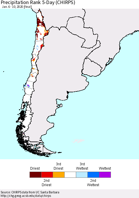 Chile Precipitation Rank since 1981, 5-Day (CHIRPS) Thematic Map For 1/6/2020 - 1/10/2020