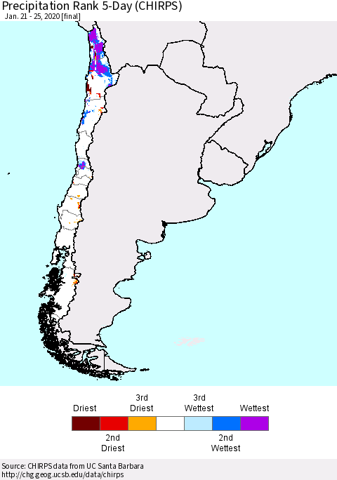 Chile Precipitation Rank 5-Day (CHIRPS) Thematic Map For 1/21/2020 - 1/25/2020