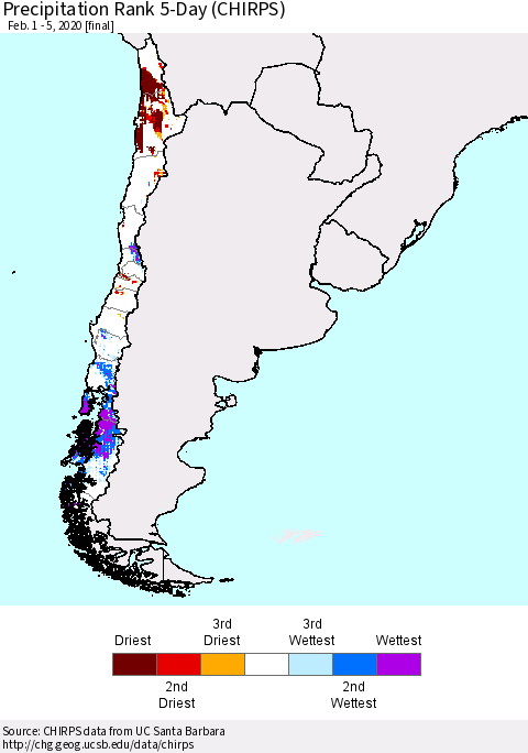 Chile Precipitation Rank since 1981, 5-Day (CHIRPS) Thematic Map For 2/1/2020 - 2/5/2020