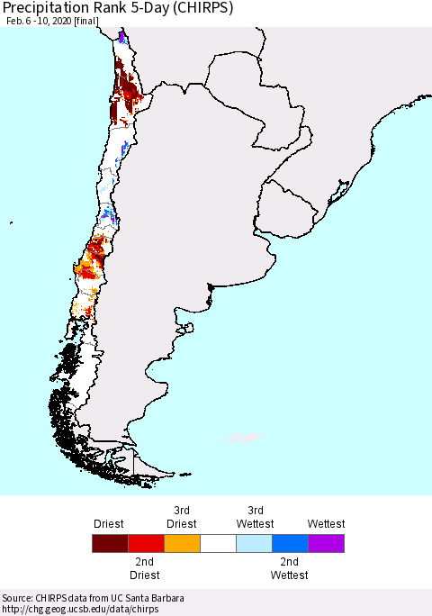 Chile Precipitation Rank since 1981, 5-Day (CHIRPS) Thematic Map For 2/6/2020 - 2/10/2020