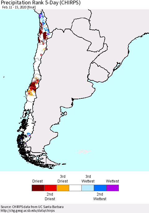 Chile Precipitation Rank since 1981, 5-Day (CHIRPS) Thematic Map For 2/11/2020 - 2/15/2020