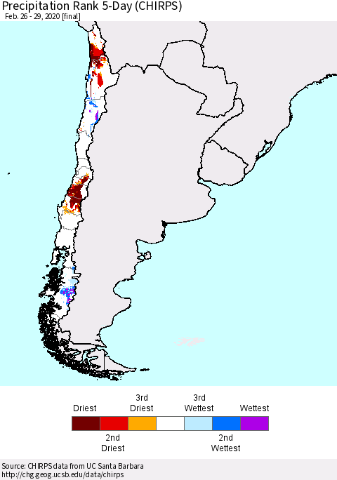 Chile Precipitation Rank since 1981, 5-Day (CHIRPS) Thematic Map For 2/26/2020 - 2/29/2020