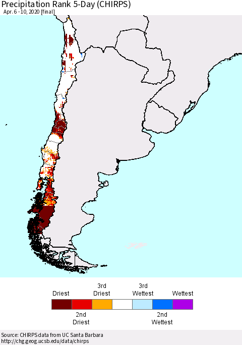 Chile Precipitation Rank 5-Day (CHIRPS) Thematic Map For 4/6/2020 - 4/10/2020