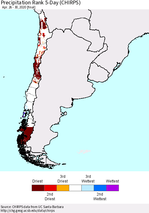 Chile Precipitation Rank since 1981, 5-Day (CHIRPS) Thematic Map For 4/26/2020 - 4/30/2020