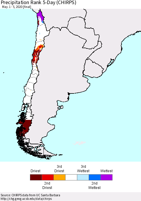 Chile Precipitation Rank since 1981, 5-Day (CHIRPS) Thematic Map For 5/1/2020 - 5/5/2020
