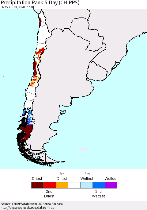 Chile Precipitation Rank 5-Day (CHIRPS) Thematic Map For 5/6/2020 - 5/10/2020