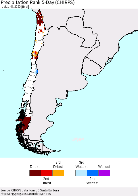 Chile Precipitation Rank 5-Day (CHIRPS) Thematic Map For 7/1/2020 - 7/5/2020