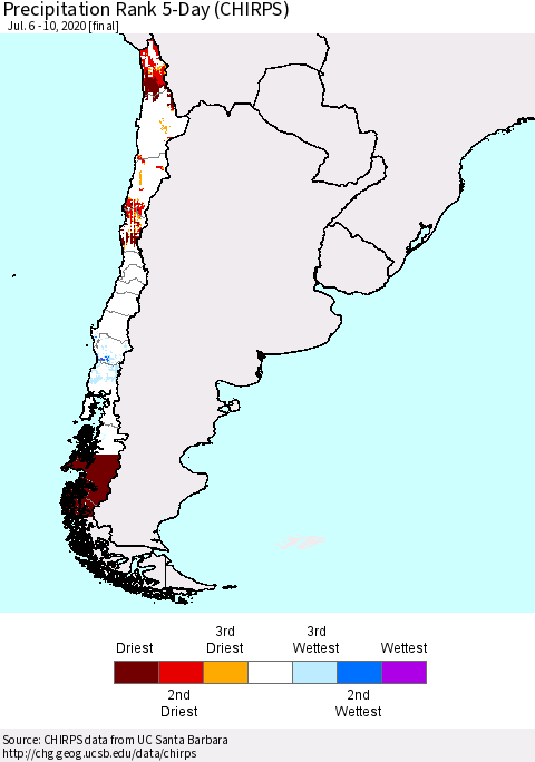 Chile Precipitation Rank since 1981, 5-Day (CHIRPS) Thematic Map For 7/6/2020 - 7/10/2020