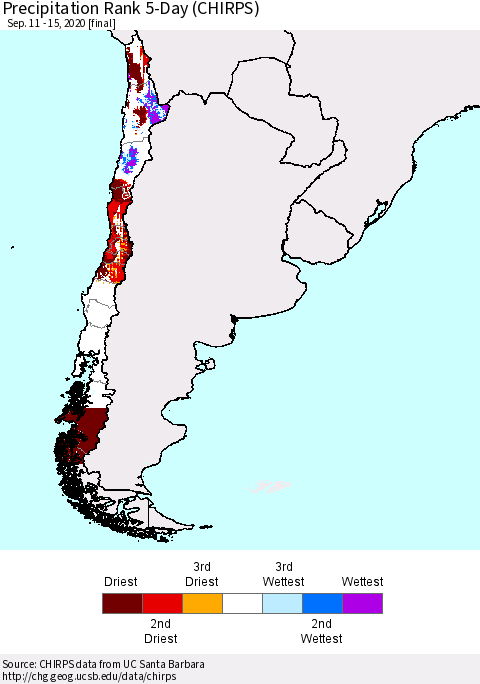 Chile Precipitation Rank since 1981, 5-Day (CHIRPS) Thematic Map For 9/11/2020 - 9/15/2020