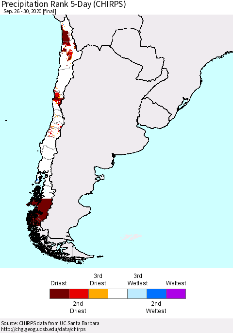 Chile Precipitation Rank since 1981, 5-Day (CHIRPS) Thematic Map For 9/26/2020 - 9/30/2020
