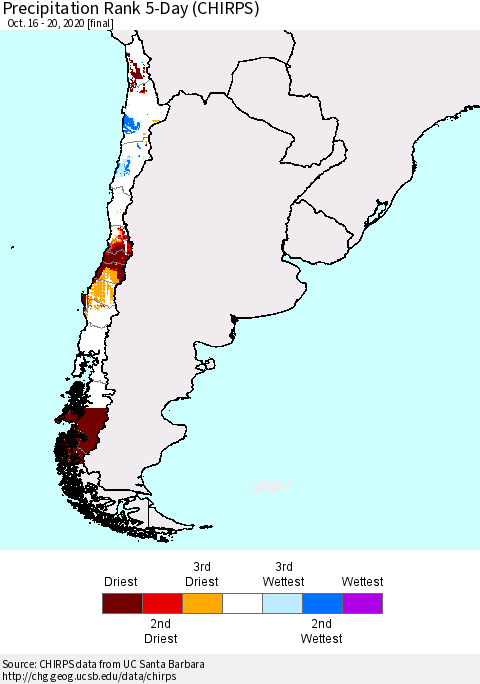 Chile Precipitation Rank since 1981, 5-Day (CHIRPS) Thematic Map For 10/16/2020 - 10/20/2020