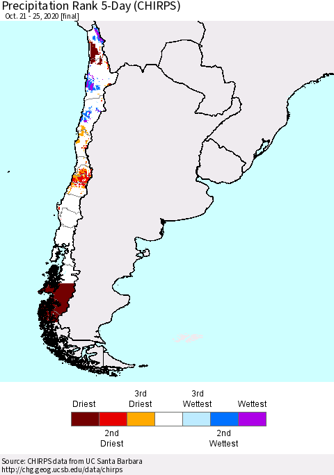 Chile Precipitation Rank since 1981, 5-Day (CHIRPS) Thematic Map For 10/21/2020 - 10/25/2020