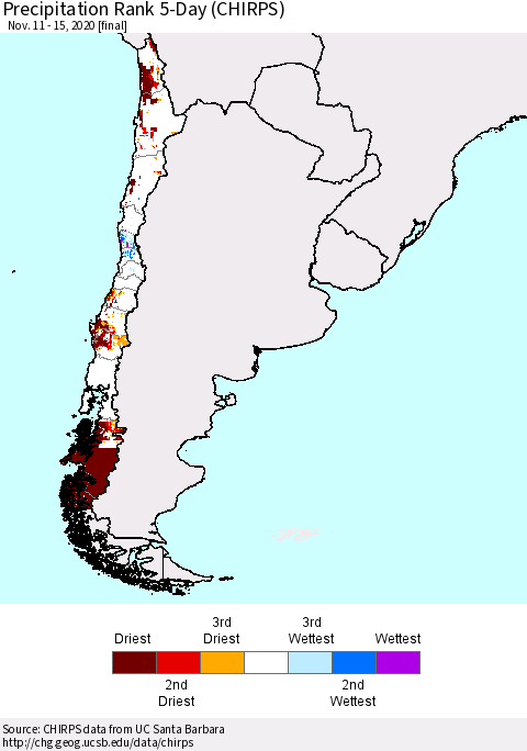 Chile Precipitation Rank since 1981, 5-Day (CHIRPS) Thematic Map For 11/11/2020 - 11/15/2020