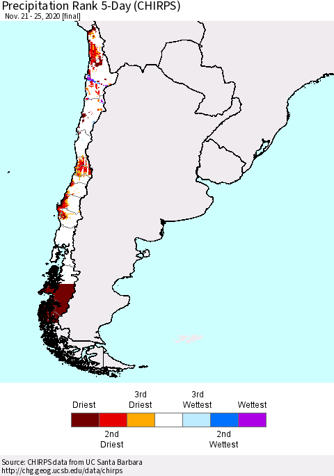 Chile Precipitation Rank 5-Day (CHIRPS) Thematic Map For 11/21/2020 - 11/25/2020