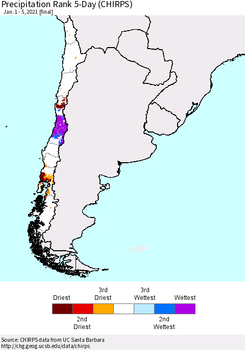 Chile Precipitation Rank 5-Day (CHIRPS) Thematic Map For 1/1/2021 - 1/5/2021