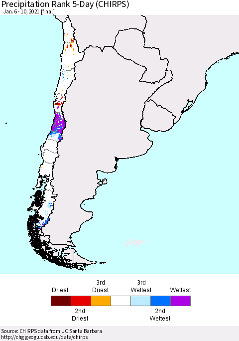 Chile Precipitation Rank 5-Day (CHIRPS) Thematic Map For 1/6/2021 - 1/10/2021