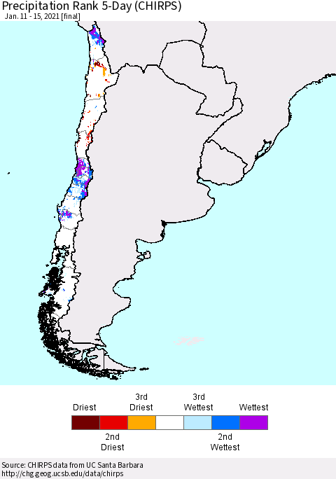 Chile Precipitation Rank since 1981, 5-Day (CHIRPS) Thematic Map For 1/11/2021 - 1/15/2021