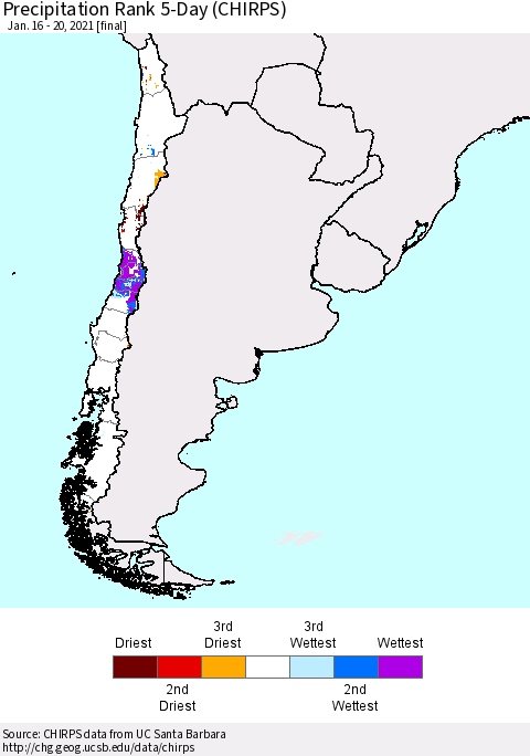 Chile Precipitation Rank since 1981, 5-Day (CHIRPS) Thematic Map For 1/16/2021 - 1/20/2021
