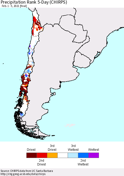 Chile Precipitation Rank since 1981, 5-Day (CHIRPS) Thematic Map For 2/1/2021 - 2/5/2021