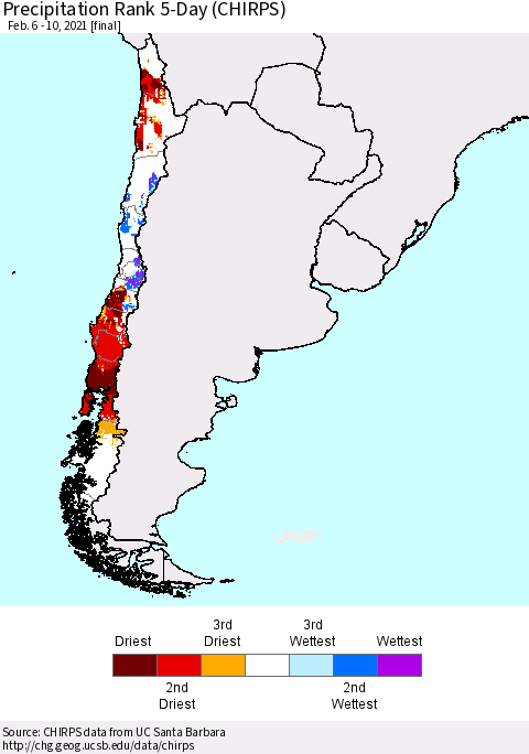 Chile Precipitation Rank 5-Day (CHIRPS) Thematic Map For 2/6/2021 - 2/10/2021