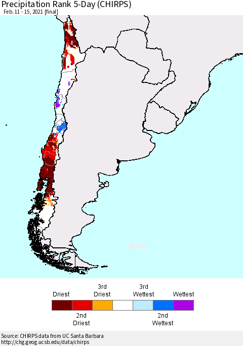 Chile Precipitation Rank since 1981, 5-Day (CHIRPS) Thematic Map For 2/11/2021 - 2/15/2021