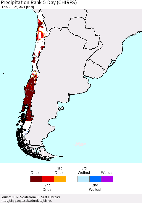 Chile Precipitation Rank since 1981, 5-Day (CHIRPS) Thematic Map For 2/21/2021 - 2/25/2021