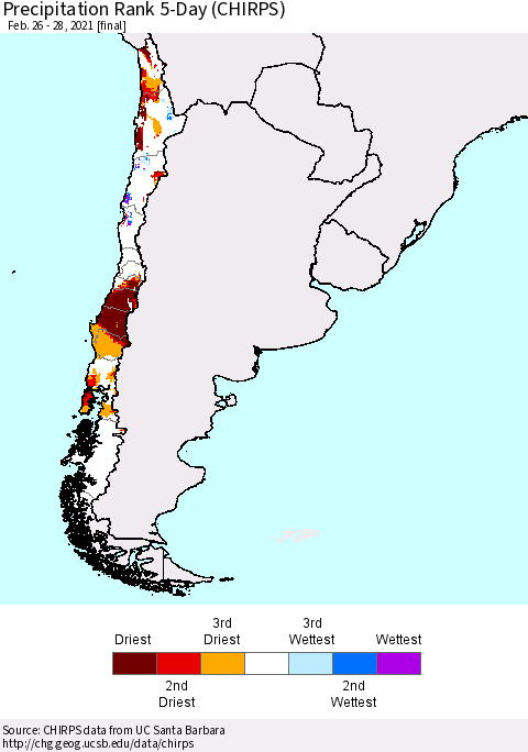 Chile Precipitation Rank since 1981, 5-Day (CHIRPS) Thematic Map For 2/26/2021 - 2/28/2021