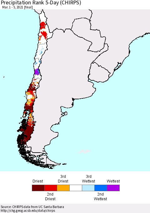 Chile Precipitation Rank since 1981, 5-Day (CHIRPS) Thematic Map For 3/1/2021 - 3/5/2021