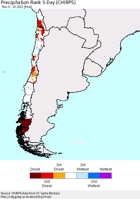 Chile Precipitation Rank since 1981, 5-Day (CHIRPS) Thematic Map For 3/6/2021 - 3/10/2021